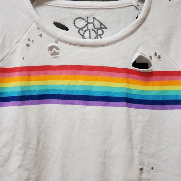 Chaser Rainbow Stripe Long Sleeve Distressed Sweatshirt - Picture 7 of 7